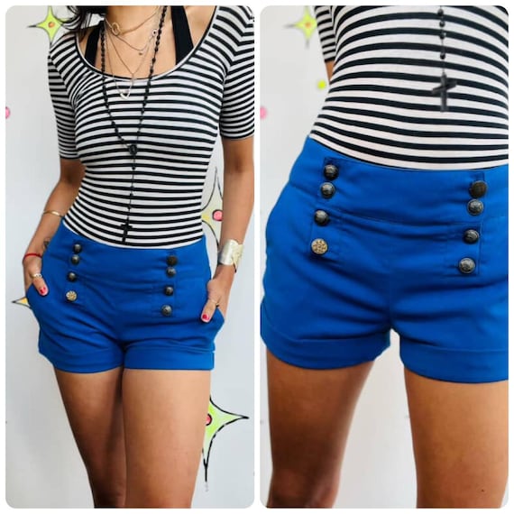 Y2K Blue Sailor Shorts with Gold Buttons – Pirate… - image 1