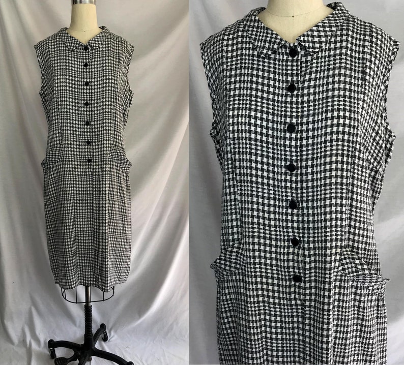 Vintage 40s 50s XL Lynda Lou Gray /& White Check Pinup Shift Day Dress