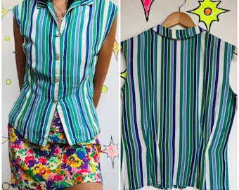 Vintage 40s–50s Colorful Striped Retro Pin Up Whimsy Grunge Crop Top Blouse – M