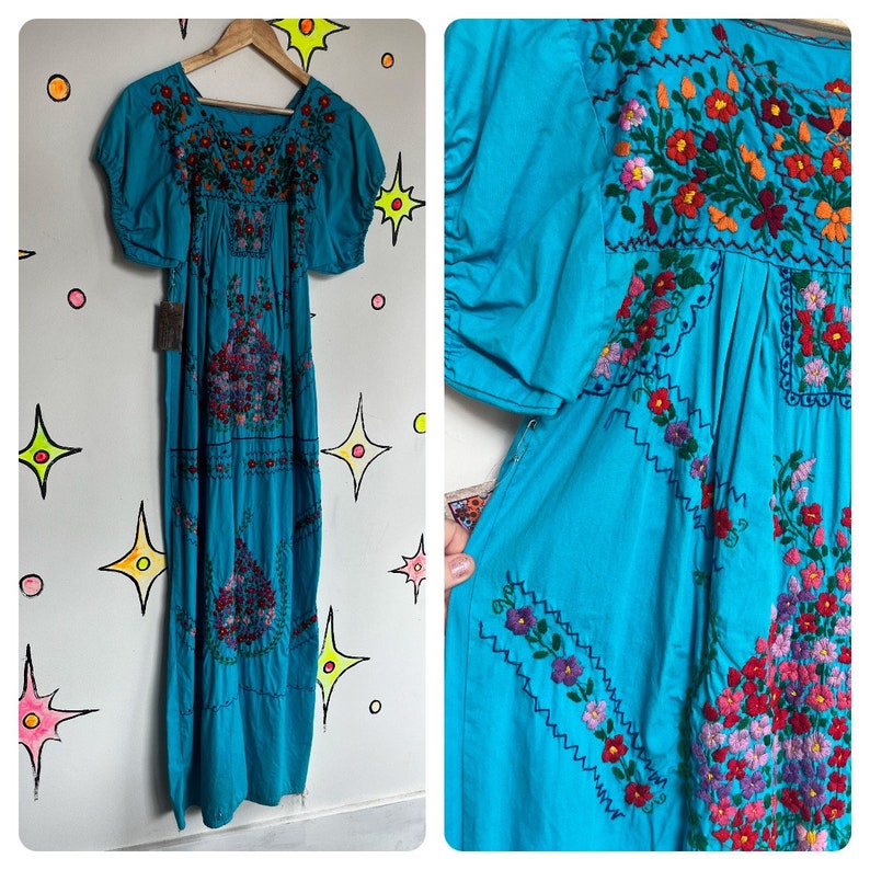 Gorgeous Turquoise Vintage Oaxacan Maxi Dress Amazing Detail 1960s 1970s