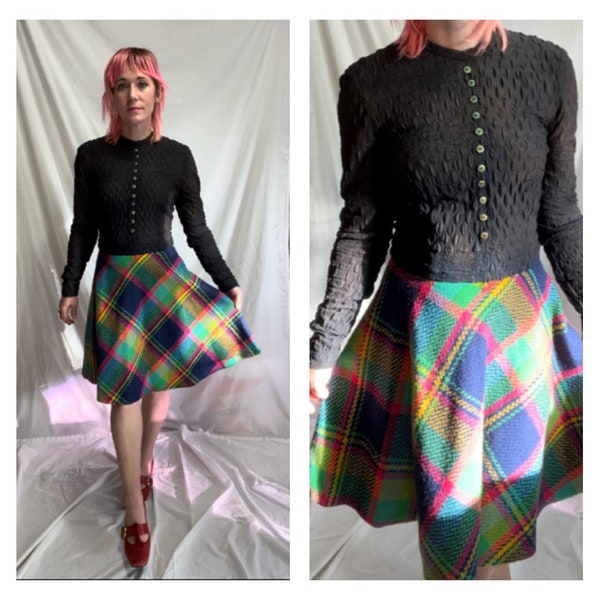 Vintage 60s 70s | Groovy GoGo Mod Pink Rainbow Plaid Mini Dress | Size S