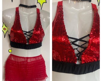 Vintage 90s Y2K | Red Goth Rocky Horror Disco Sequin Dance Bralette Bra Top | S