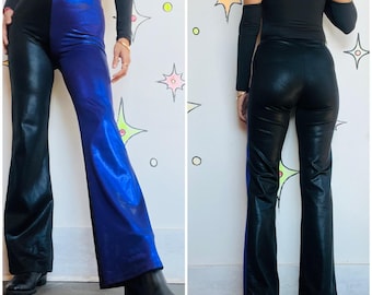 Vintage Stretchy Glam Metallic Black & Purple Rave Disco Bellbottom Flares | S