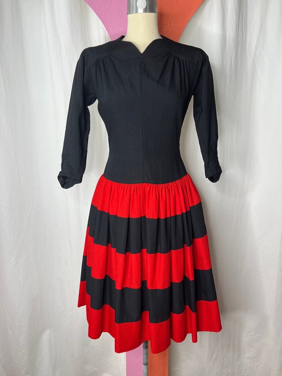 Vintage 1940s | Black and Red Striped Dress | Siz… - image 1