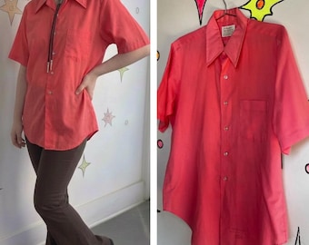 Vintage Herrenhemd im Stil der 60er/70er Jahre, pastellrosa, Retro, mit großem Kragen, cooles Partyhemd, Größe M