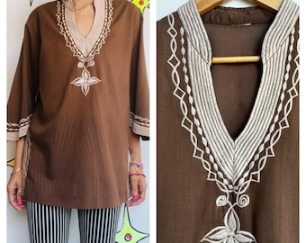 Vintage Brown Boho Embroidered Cotton Blouse - Peasant Style Folk Top - Flowy