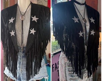 Retro Western Rhinestone Embellished Black Faux Suede Fringe Collar | Free Size
