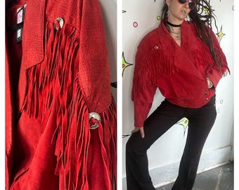 Vintage Red Suede Jacket 80s Cropped Fringe Leather Western Grunge L XL