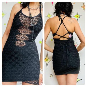 Y2K Stretchy Sheer Lace LBD | Goth Indie Sleaze Halter Party Mini Dress | Small