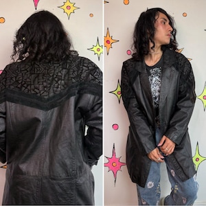 Black Leather Trench Coat 80s Patchwork Dolman Goth Moto Jacket Statement M