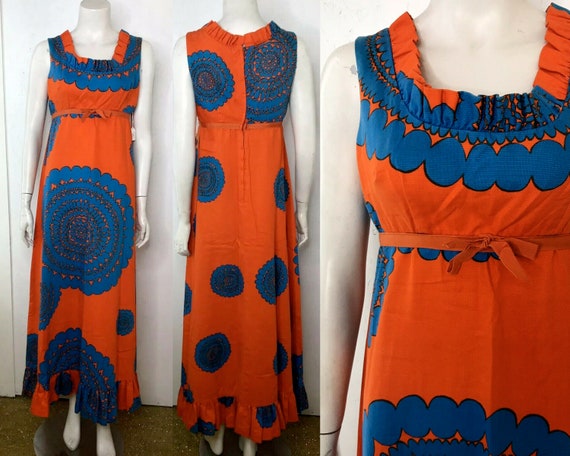 VTG 60s Mod Cotton Barkcloth Hawaiian Orange Op Ar