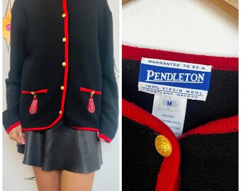 Pendleton Virgin Wool Cardigan: Floral Embroidery, Pockets