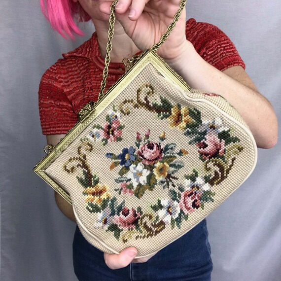 Vintage 50s | Edwardian Needlepoint Floral Tapestr