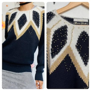 Vintage 80s Black Angora Sweater Fuzzy Angora Beaded Pullover - Dana Scott - L