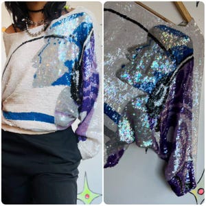 Vintage 80s Disco Glam Fully Sequin Silk Wearable Art Dolman Bat Wing Blouse M/L