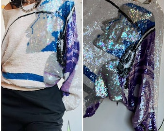 Vintage 80s Disco Glam Fully Sequin Silk Wearable Art Dolman Bat Wing Blouse M/L