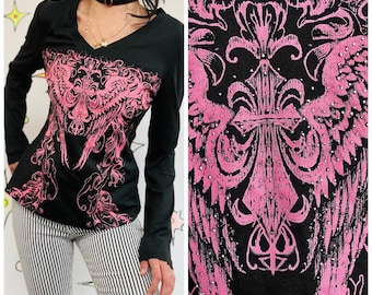 Camiseta con estampado de tatuaje grunge Y2K - Camiseta vintage gótica grunge de hadas McBling - L