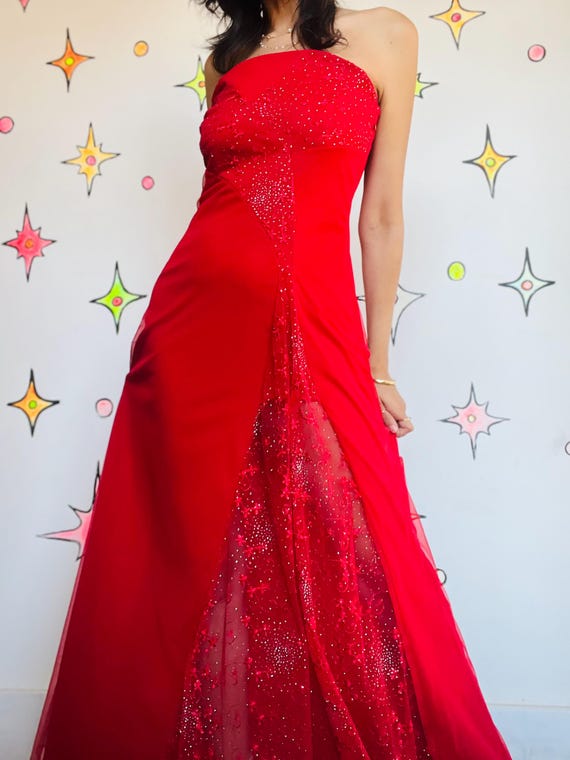 navy blue dress for baby girl Vintage 90s Y2k Red Glitter Fairy Grunge Formal Strapless Holiday Maxi Dress