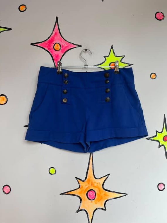 Y2K Blue Sailor Shorts with Gold Buttons – Pirate… - image 6