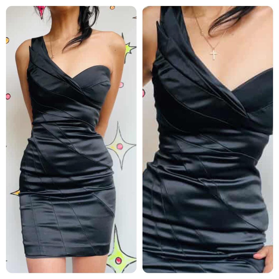 Y2K Bebe Draped Black One-Shoulder Bodycon Indie Sleaze Satin Party Dress | XS
