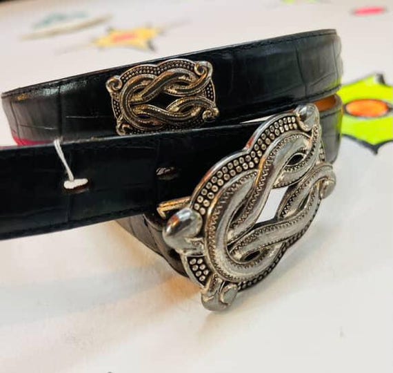 90’ｓ シルバー バックル レザー ウエスタン ベルト ビンテージ 90年代 90年代ヴィンテージ ブラックレザー ウエスタンベルト - シルバー