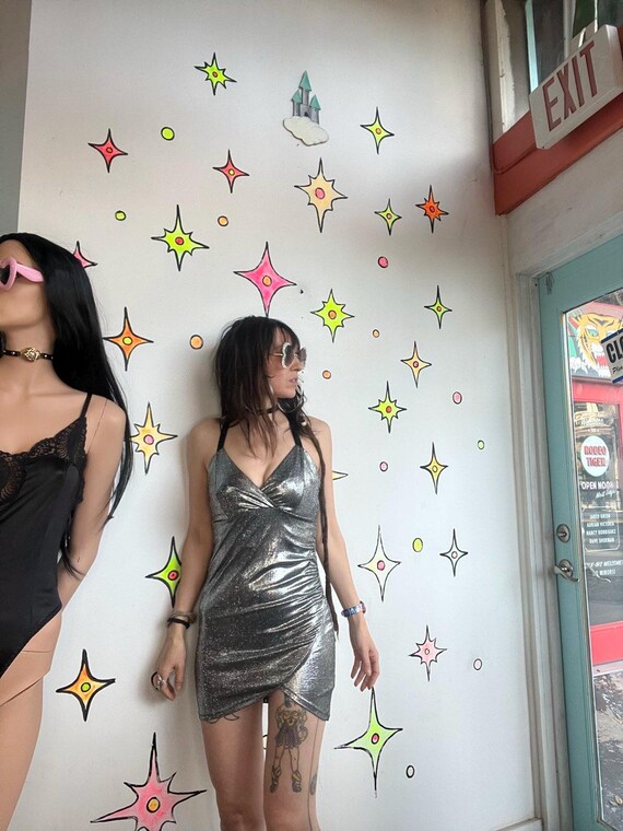 Y2K Silver Mini Slip Dress 70s Disco Metallic Future Disco Space Age Party S View 3
