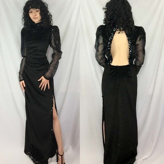 Vintage Puff Sleeve Black Velvet Maxi Dress with S