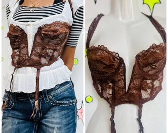Vintage Y2K Chocolate Lace Cropped Cami | Babydoll Bustier Fairy Grunge Top | S