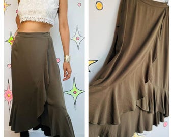 Vintage Y2K Fairy Grunge Green Ruffled Midi/Maxi Skirt | Flowing Boho Festival | S