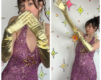 Guantes de ópera formales estilo galáctico vintage de lamé dorado metálico - Maximalista