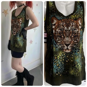 Y2K Leopard Print Graphic Tank Glitter Emo Fairy Grunge Top Indie Sleaze Glam L