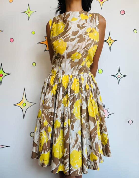 Vintage 1950s Yellow Rose Print Fit & Flare Dress Full Skirt Fairy Grunge |  5/6 - Etsy