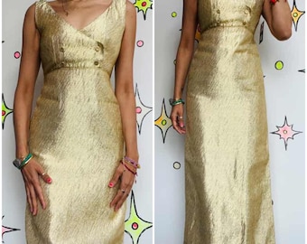 Prachtige oude Hollywood jaren 60 gouden metallic maxi-jurk – XS – True Vintage