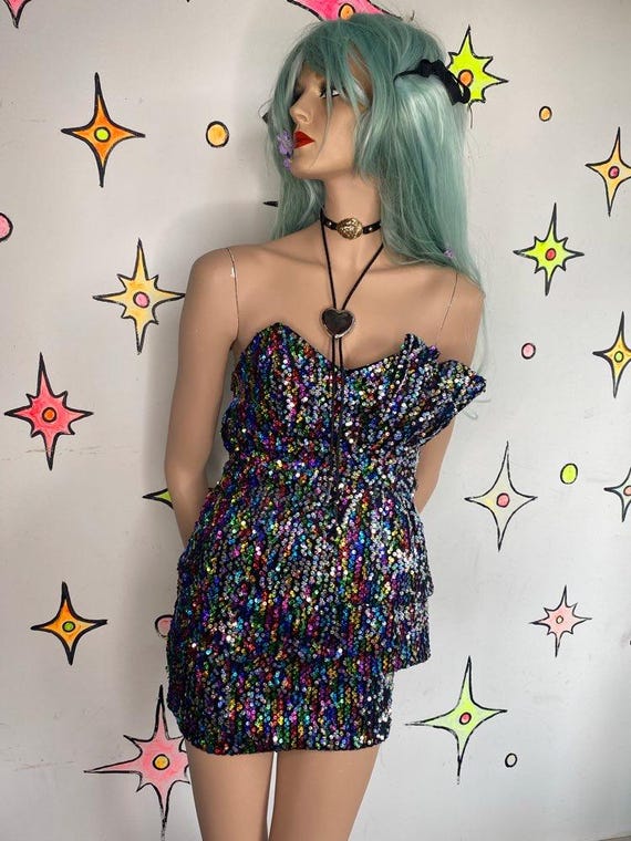 Y2K Rainbow Sequin Party Mini Dress Maximalist Glam - Small