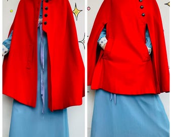 Vintage 60s Cherry Red Cape Coat | Heavy Warm Wool Feel Cloak | Mod Swing Cape