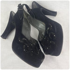 1940s Black Peep Toe Sling Back Suede Platform Pumps - Cha Cha Heels - 6 -6.5