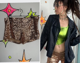 Y2K Gold Sequin Disco Party Glam Party Hot Pants Shorts - S