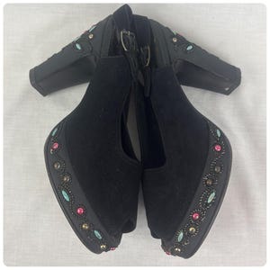 Vintage 1940s Black Suede Embellished Cha Cha Platform Heels – Size 6.5