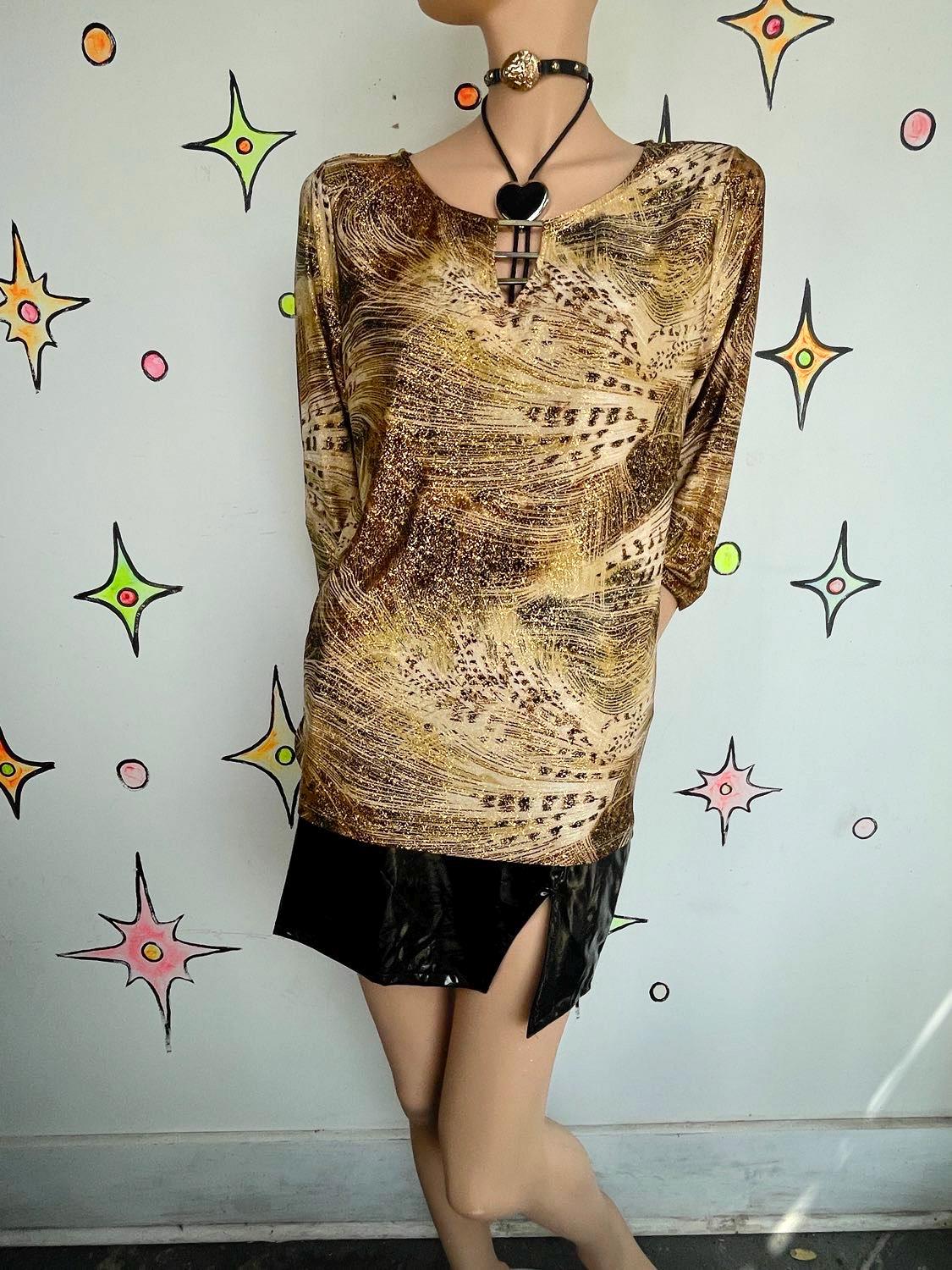 Y2K Gold Glitter Leopard Print Top | Glitchy Glam Indie Sleaze Stretch ...