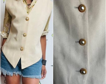 Off White Oversized Vest with Gold Buttons - Rococo Victorian Revival - Size M