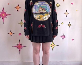 Vintage 1980s | Oversized Black Embellished Punk Western Boho T Shirt | Size S
