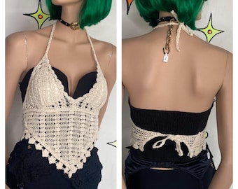 Top de crochet estilo halter, estilo boho, cottagecore, grunge, top de festival, top corto hippie de verano S