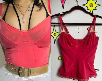 Vintage Y2K | Różowy Babydoll Fairy Grunge Bustier Gorset Cami Top z kokardkami | 34C