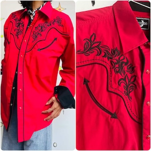 Jahrgang | Rotes Herren Western gesticktes Perlen-Snap-Shirt | Größe XL