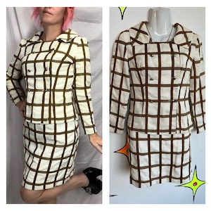 Vintage jaren 1960 | Bruin en wit GoGo Mod 2-delig rokkostuum | Maat