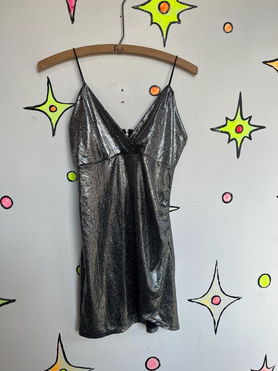 Y2K Silver Mini Slip Dress 70s Disco Metallic Future Disco Space Age Party S View 5