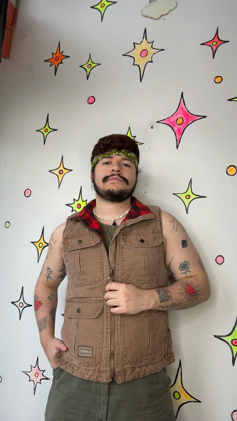 Vintage 90s Y2K Plaid Lined Khaki Lumberjack Vest Workwear Utility Gorpcore - M image 2