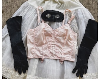 Vintage 1960s Drama Bra Bralette | Pink Lace Bustier Corset Pin up Lingerie | 34B