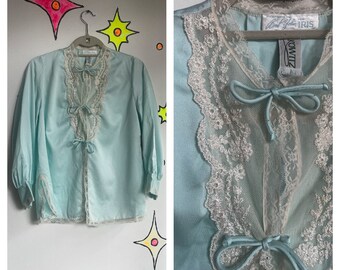 Vintage 60s 70s | Blue Babydoll Lace Kimono | Nighty Bed Jacket | Size M