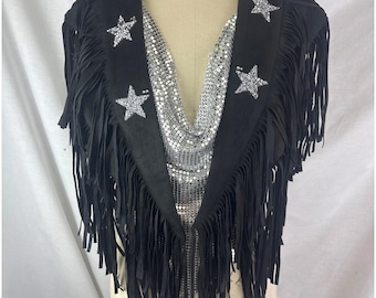 Retro Western Rhinestone Embellished Black Faux Suede Fringe Collar | Free Size